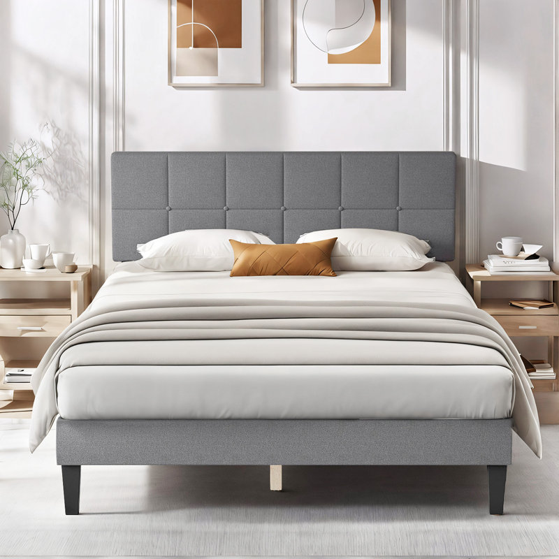 Platform Bed Frame with Upholstered Adjustable Headboard Wood Slat Support Mattress Foundation Ebern Designs Size Queen